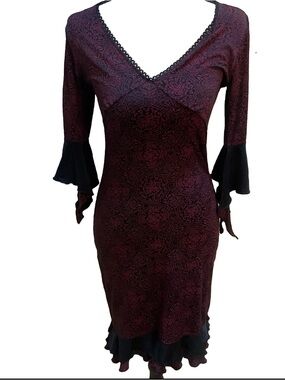 VTG Casa Lee Whimsigoth Gothic Midi Dress V-Neck Bell Sleeve Ruffle S Maddy Kat